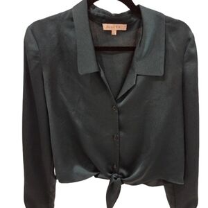 Gianni Bini Satin Tie Front Button Down Blouse Dark Teal Green Crop Hem Size S